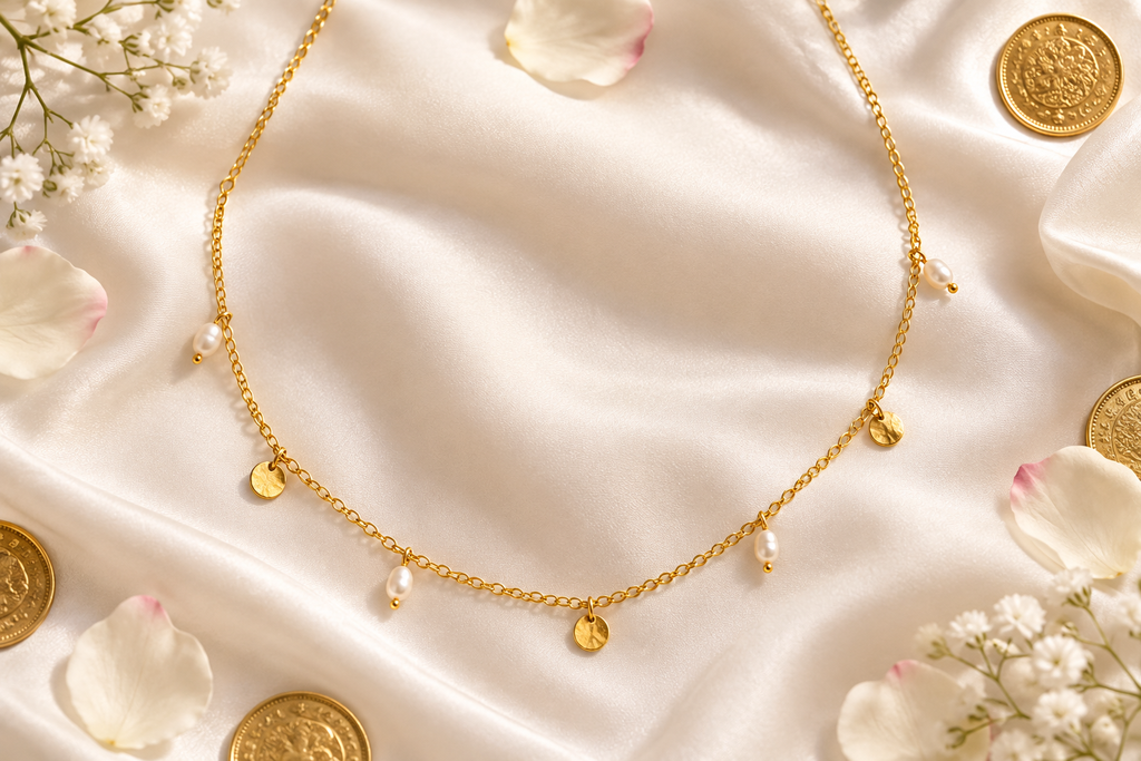 Gold Coins Perlen Halskette – Flat Lay