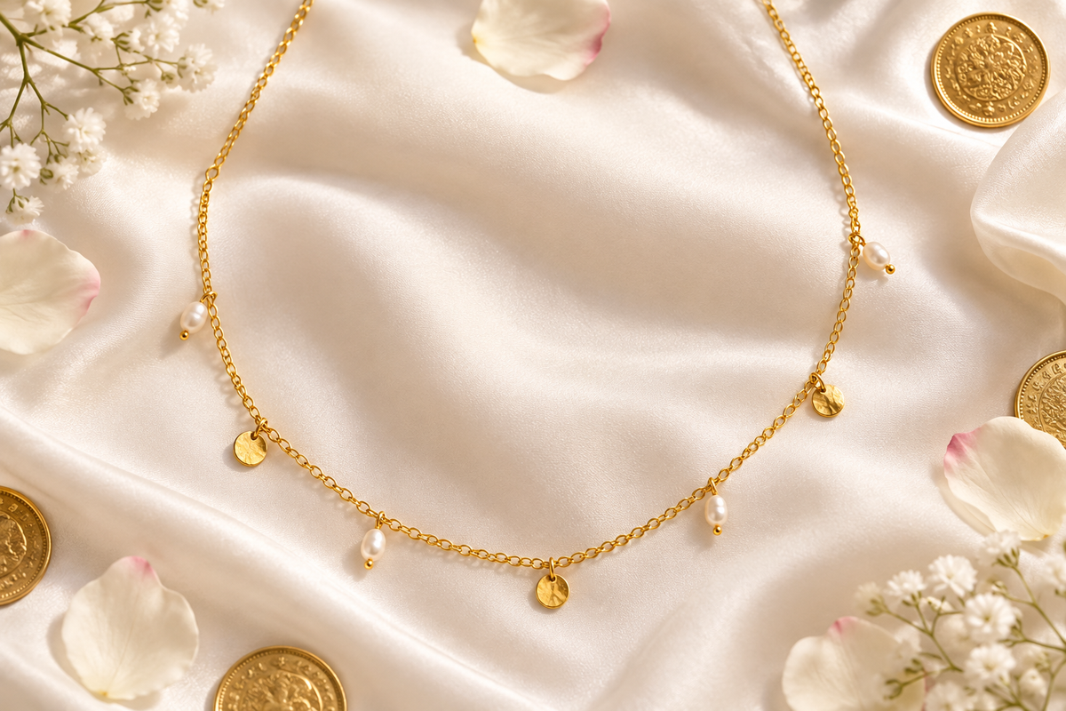 Gold Coins Perlen Halskette – Flat Lay