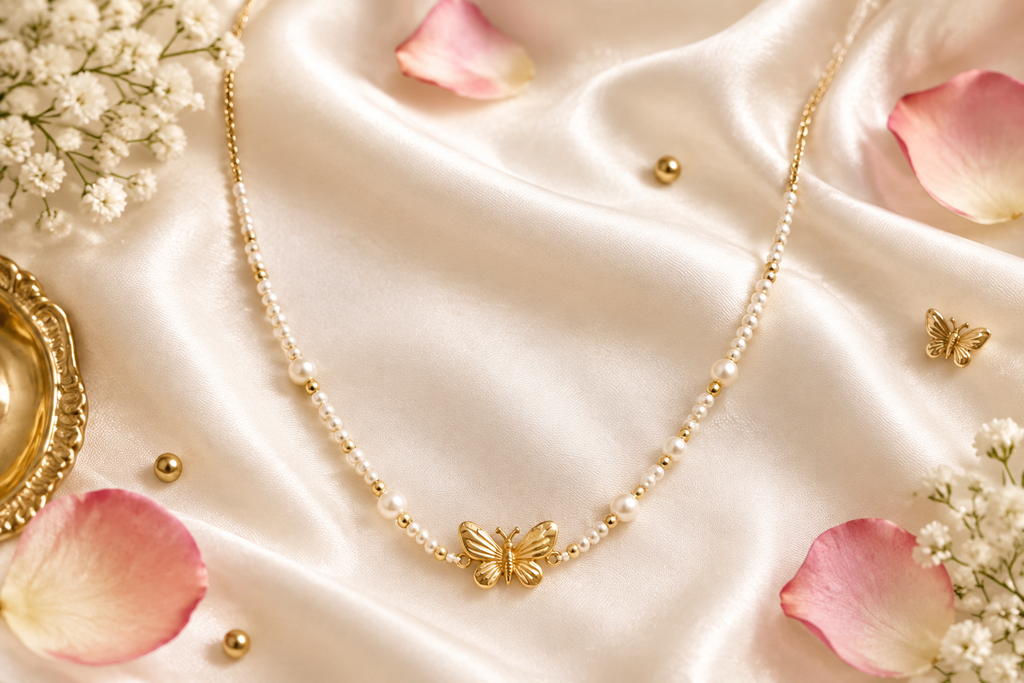 Pearl Butterfly Necklace – Flat Lay