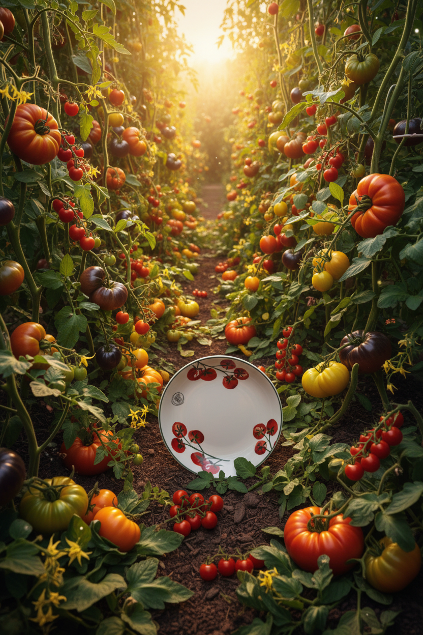Teller im Tomatengarten